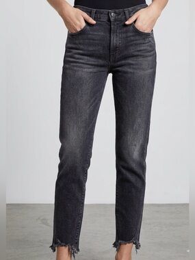 Moussy High-Rise Straight Jeans in Charcoal Black with distressed hems